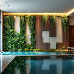 An interior pool area featuring a stunning wall decoration designed with vertical artificial plants and elegant panels