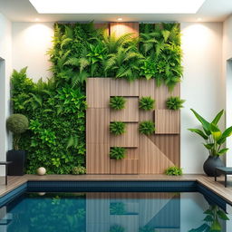 An interior pool area featuring a stunning wall decoration designed with vertical artificial plants and elegant panels