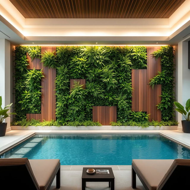 An interior pool area featuring a stunning wall decoration designed with vertical artificial plants and elegant panels