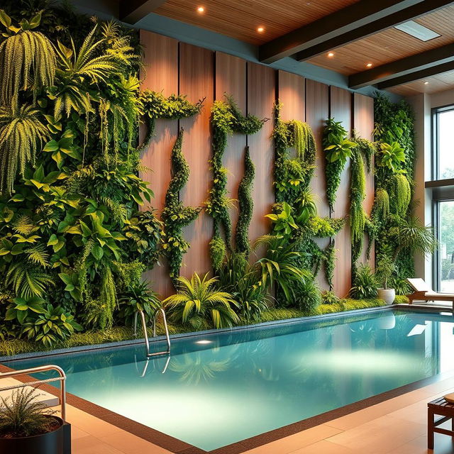 A large wall in an indoor pool area exquisitely decorated with vertical artificial plants and stylish panels