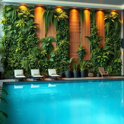 A large wall in an indoor pool area exquisitely decorated with vertical artificial plants and stylish panels