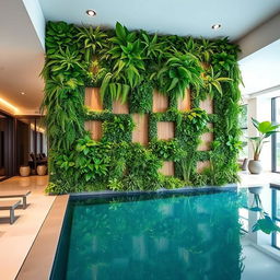 A large wall in an indoor pool area exquisitely decorated with vertical artificial plants and stylish panels