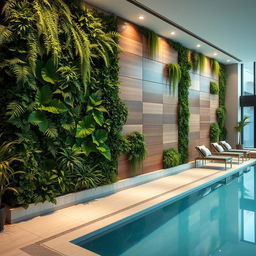 A large wall in an indoor pool area exquisitely decorated with vertical artificial plants and stylish panels