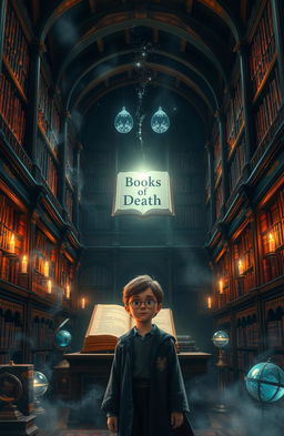 A magical scene inside the Hogwarts library, featuring large wooden bookshelves filled with ancient tomes