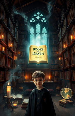 A magical scene inside the Hogwarts library, featuring large wooden bookshelves filled with ancient tomes