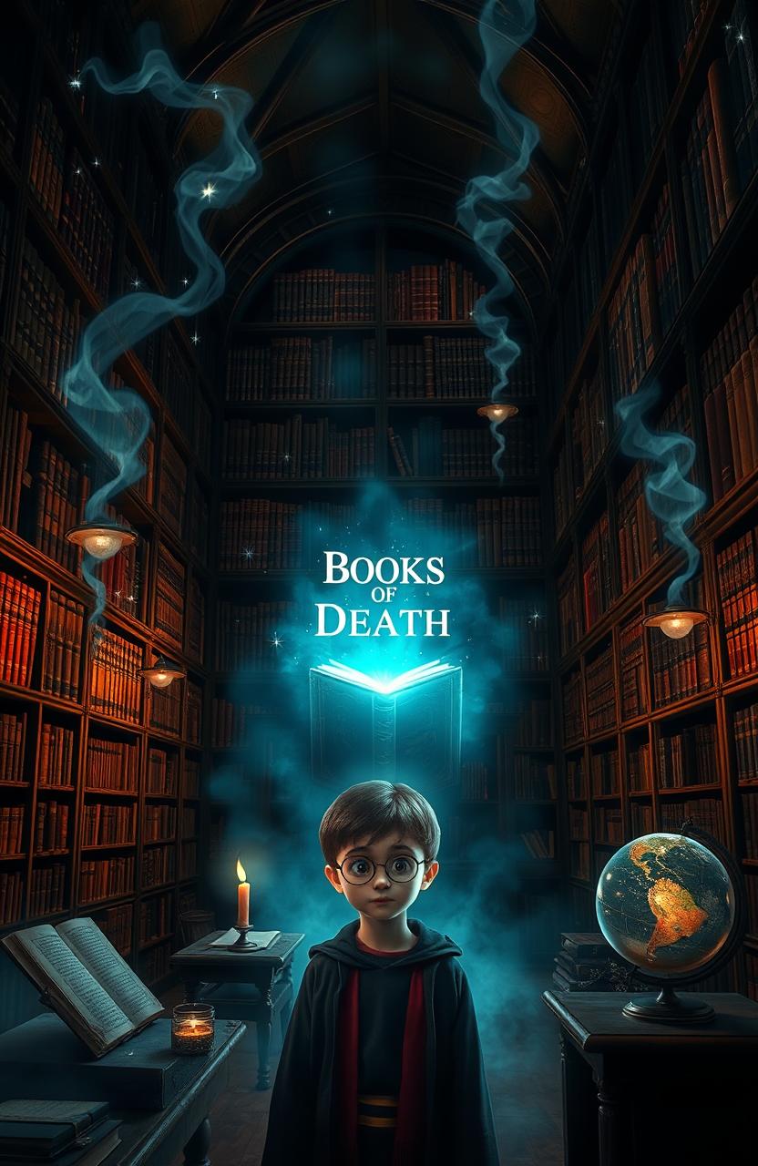 A magical scene inside the Hogwarts library, featuring large wooden bookshelves filled with ancient tomes