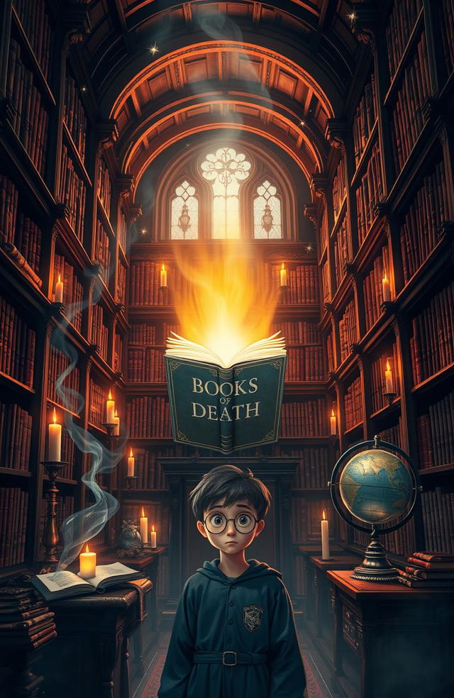 A magical scene inside the Hogwarts library, featuring large wooden bookshelves filled with ancient tomes