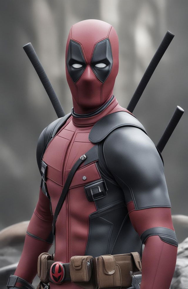 This 32k HD digital photograph features an ultra-detailed, realistic close-up of a battle-weary Deadpool