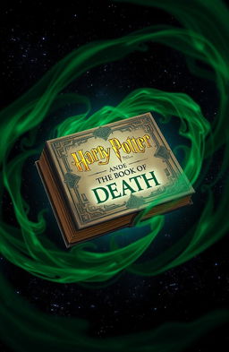 A floating book in a vast cosmic void, surrounded by an ethereal green mist swirling around it