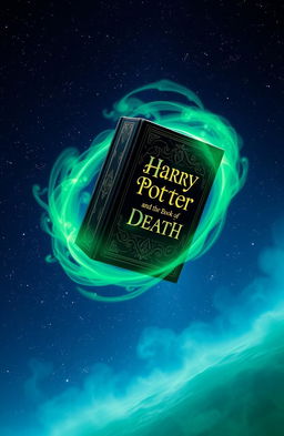 A floating book in a vast cosmic void, surrounded by an ethereal green mist swirling around it