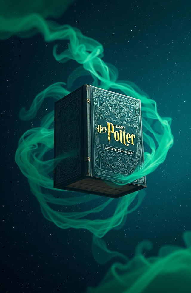 A floating book in a vast cosmic void, surrounded by an ethereal green mist swirling around it