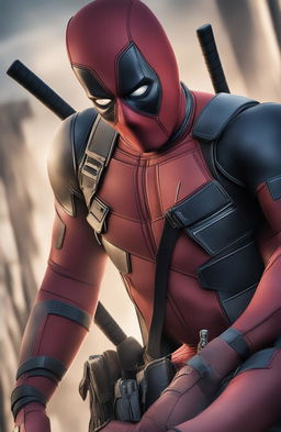 This 32k HD digital photograph features an ultra-detailed, realistic close-up of a battle-weary Deadpool