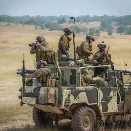 5 combatants in military fatigue, armed with assault rifles, missile launcher and radio in a rugged terrain vehicle