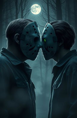 A surreal and chilling scene featuring two versions of Jason Voorhees, both wearing their iconic hockey masks