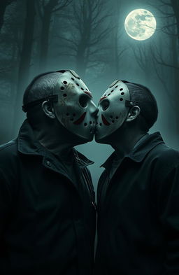 A surreal and chilling scene featuring two versions of Jason Voorhees, both wearing their iconic hockey masks