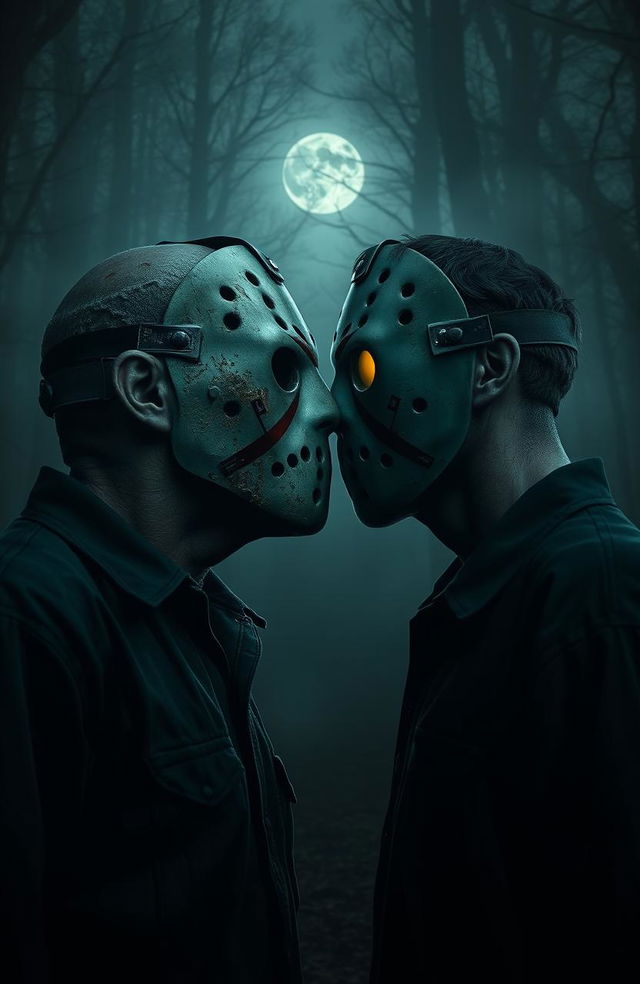 A surreal and chilling scene featuring two versions of Jason Voorhees, both wearing their iconic hockey masks