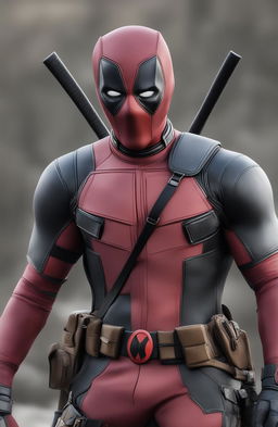 This 32k HD digital photograph features an ultra-detailed, realistic close-up of a battle-weary Deadpool