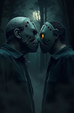A surreal and chilling scene featuring two versions of Jason Voorhees, both wearing their iconic hockey masks
