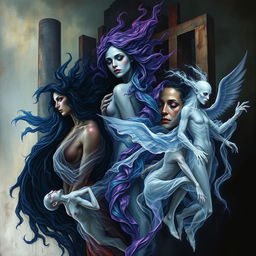 A darkly surreal artwork showcasing artistic interpretations of her victims intertwined with elements of mythology