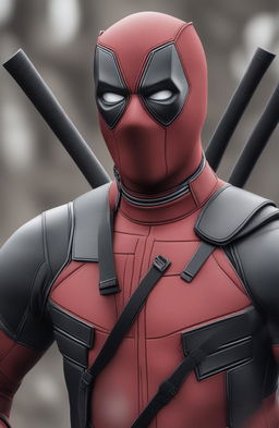 This 32k HD digital photograph features an ultra-detailed, realistic close-up of a battle-weary Deadpool