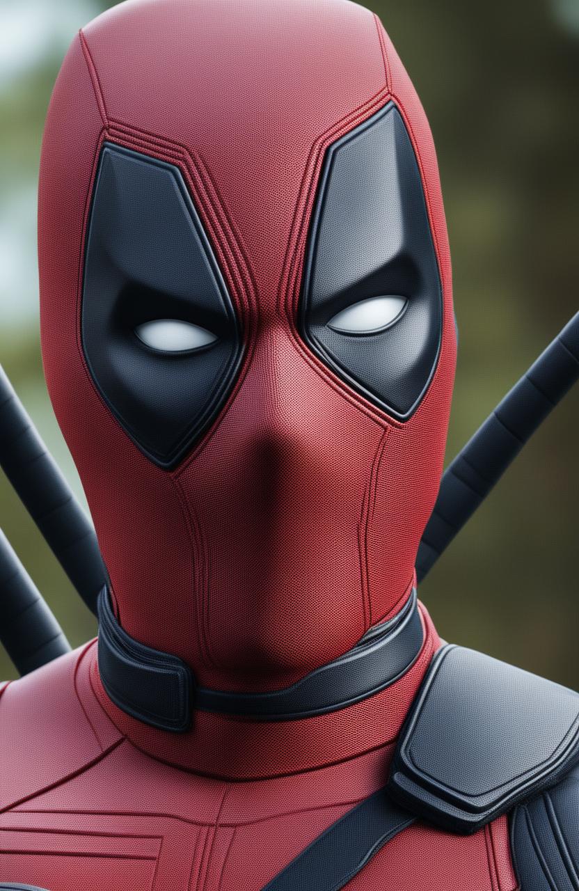 This 32k HD digital photograph features an ultra-detailed, ultra close-up of Deadpool's face