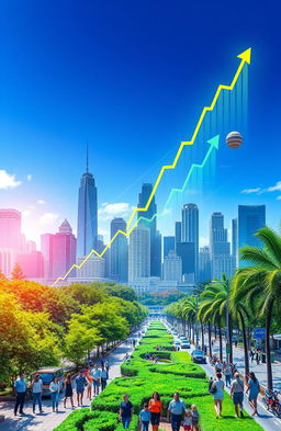 A stunning visual representation of economic growth, depicting a bustling city skyline with modern skyscrapers under a clear blue sky