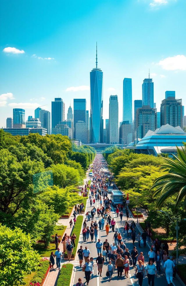 A stunning visual representation of economic growth, depicting a bustling city skyline with modern skyscrapers under a clear blue sky