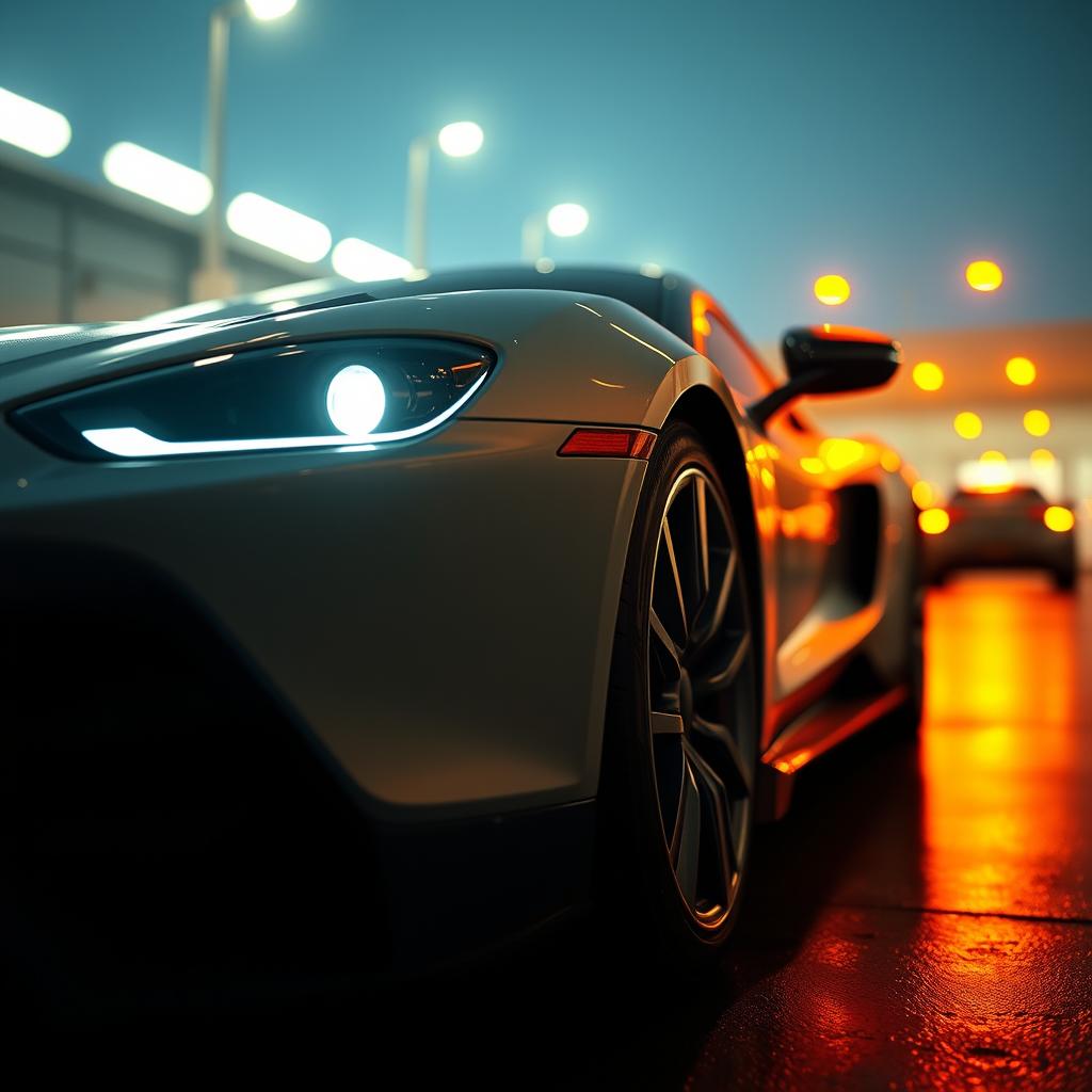 a cinematic shot of a sleek modern car captured in dynamic lighting, showcasing sharp focus and fine details