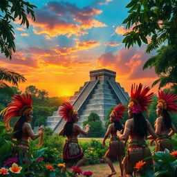 A detailed and serene view of the ancient Mayan civilization, showcasing a grand pyramid in the jungle surrounded by lush green foliage and vibrant flowers