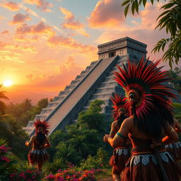 A detailed and serene view of the ancient Mayan civilization, showcasing a grand pyramid in the jungle surrounded by lush green foliage and vibrant flowers