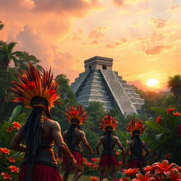 A detailed and serene view of the ancient Mayan civilization, showcasing a grand pyramid in the jungle surrounded by lush green foliage and vibrant flowers