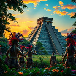 A detailed and serene view of the ancient Mayan civilization, showcasing a grand pyramid in the jungle surrounded by lush green foliage and vibrant flowers