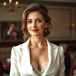 An elegant 38-year-old woman with Italian features, dressed in stylish and modest clothing that fully covers her figure, including her bust