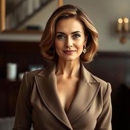 An elegant 38-year-old woman with Italian features, dressed in tasteful, modest clothing that fully covers her figure, including her chest