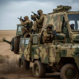 5 combatants in military fatigue, armed with assault rifles, missile launcher and radio in a rugged terrain vehicle