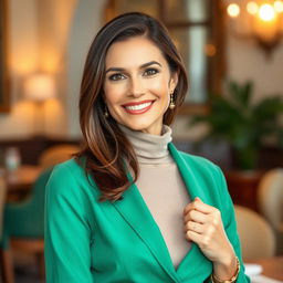 A beautiful 38-year-old woman with Italian features, dressed in stylish, modest clothing that emphasizes her elegance while fully covering her figure