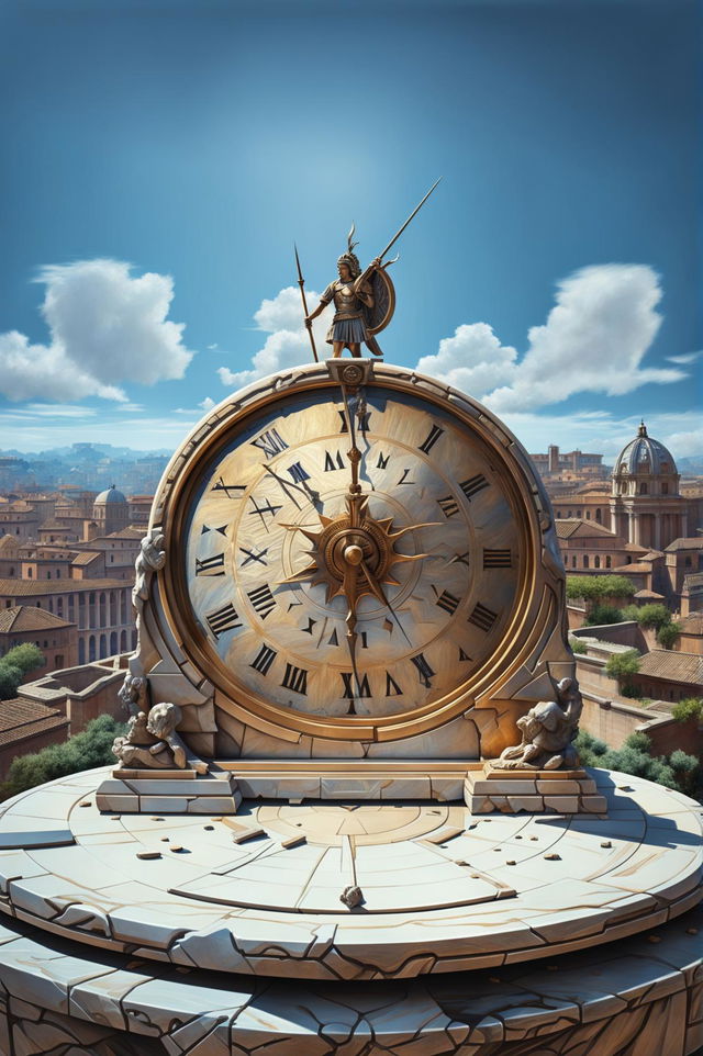 A high-quality digital art of an ornate ancient sun dial in the setting of Ancient Rome