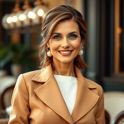 A beautiful 38-year-old woman with Italian features, dressed in stylish, modest clothing that emphasizes her elegance while fully covering her figure