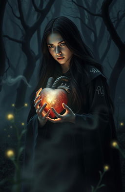 A dark and mystical scene featuring an ancient, glowing heart being held delicately by a witch