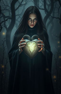 A dark and mystical scene featuring an ancient, glowing heart being held delicately by a witch