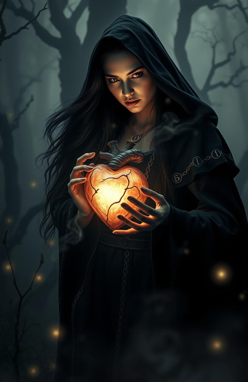 A dark and mystical scene featuring an ancient, glowing heart being held delicately by a witch