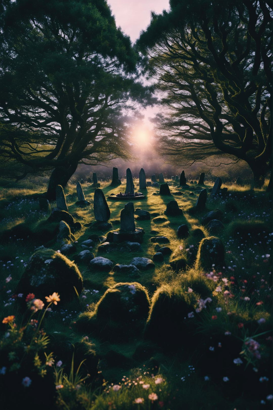 An HD cinematic photograph of a pagan ritual taking place in an Irish forest during the Dark Ages at sunrise