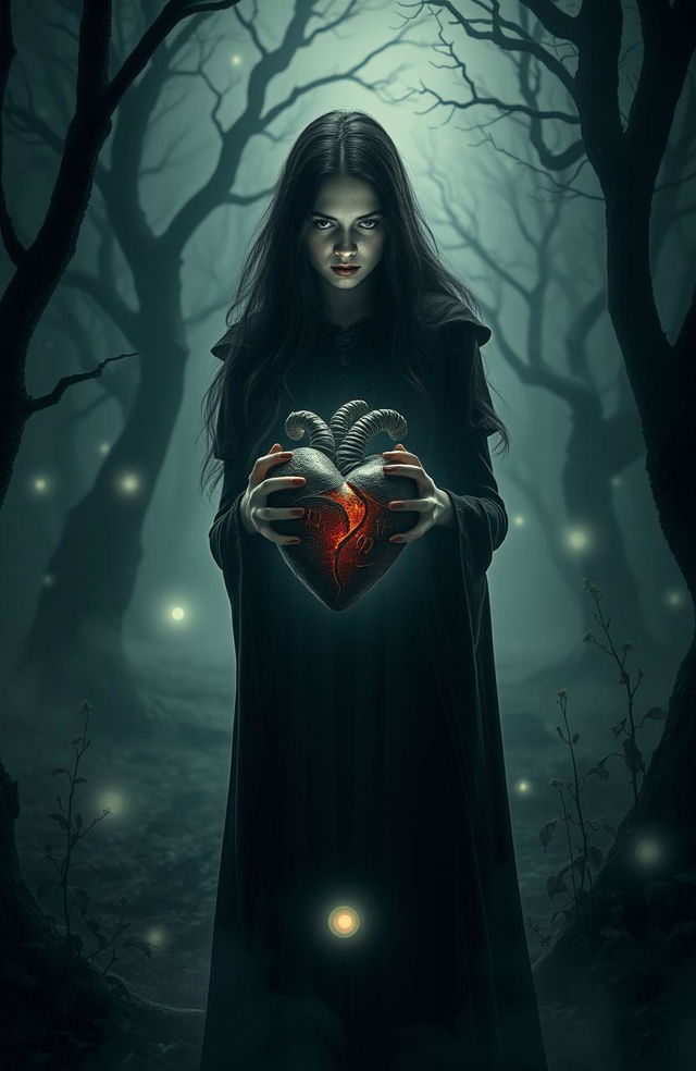 A dark and mystical scene featuring an ancient, glowing heart being held delicately by a witch