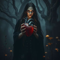 A dark and surreal scene depicting a human heart, infused with shadows, being held by a witch
