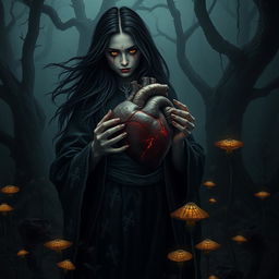 A dark and surreal scene depicting a human heart, infused with shadows, being held by a witch