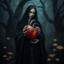 A dark and surreal scene depicting a human heart, infused with shadows, being held by a witch