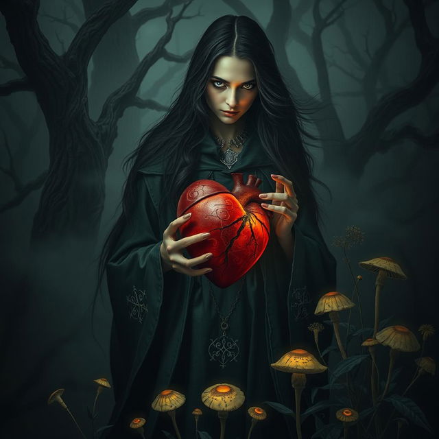 A dark and surreal scene depicting a human heart, infused with shadows, being held by a witch