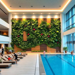 A spacious public indoor pool area featuring a large wall decorated with vertical artificial plants and modern panels