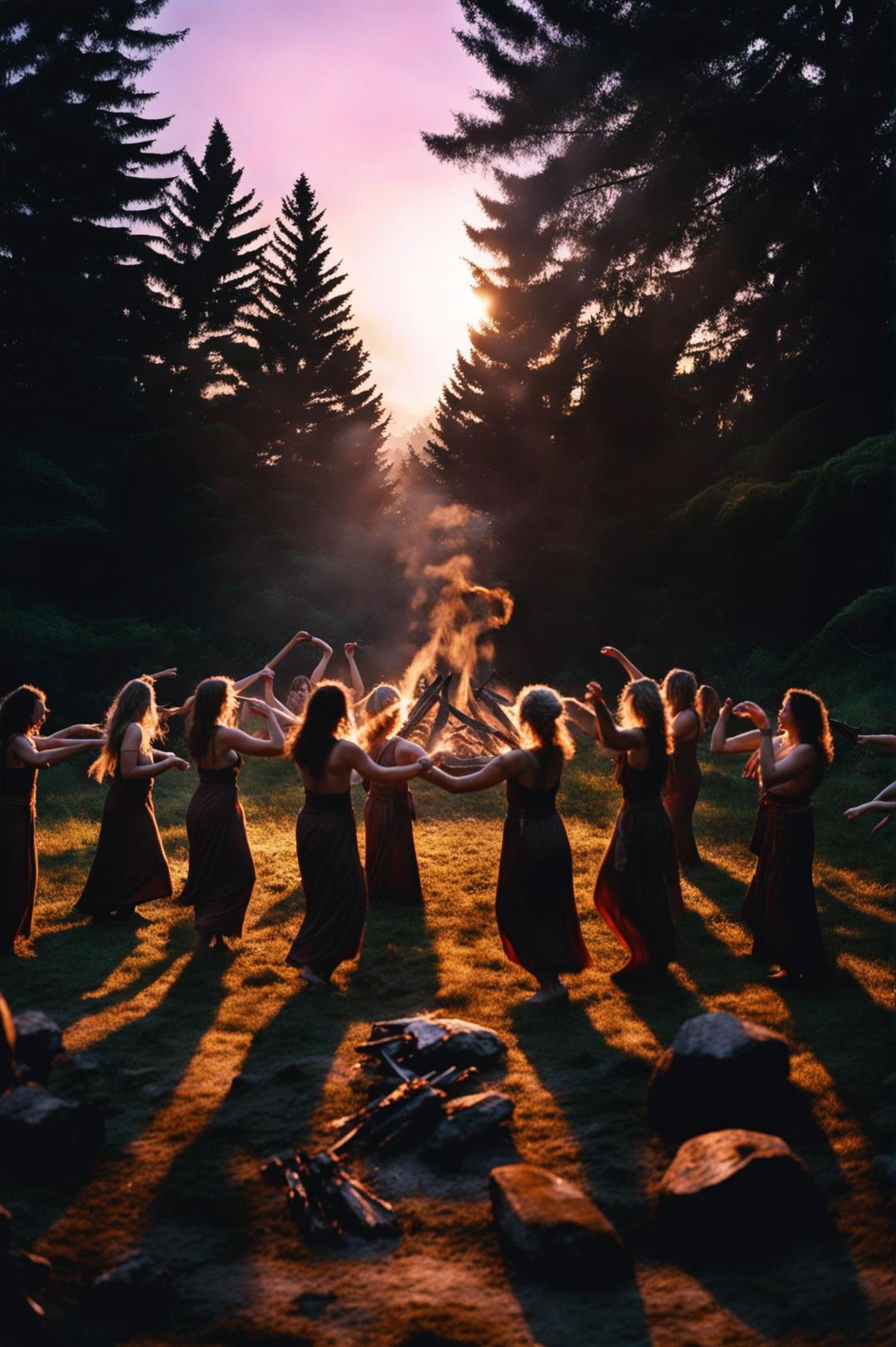 An HD cinematic photograph captures a pagan ritual in an Irish forest during the Dark Ages at sunrise