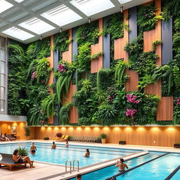 A spacious public indoor pool area featuring a large wall decorated with vertical artificial plants and modern panels